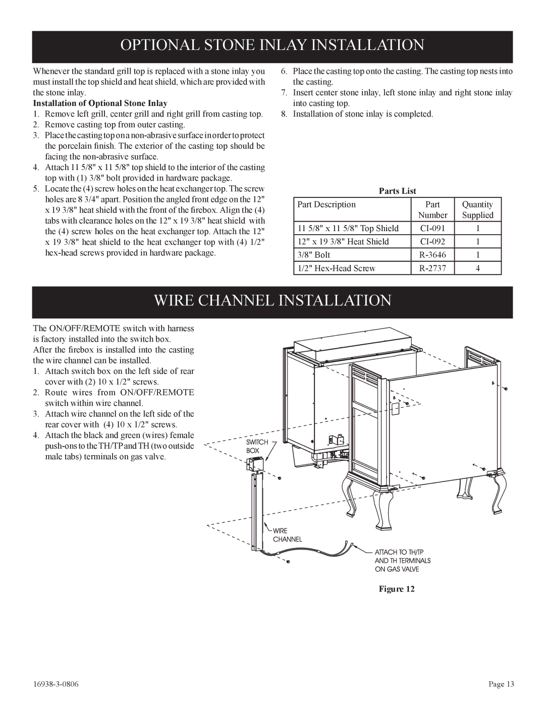 Empire Comfort Systems CIVF-25-21 Optional Stone Inlay Installation, Wire Channel Installation, Parts List 