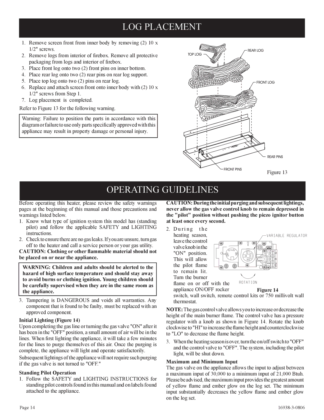 Empire Comfort Systems CIVF-25-21 LOG Placement, Operating Guidelines, Initial Lighting Figure, Standing Pilot Operation 