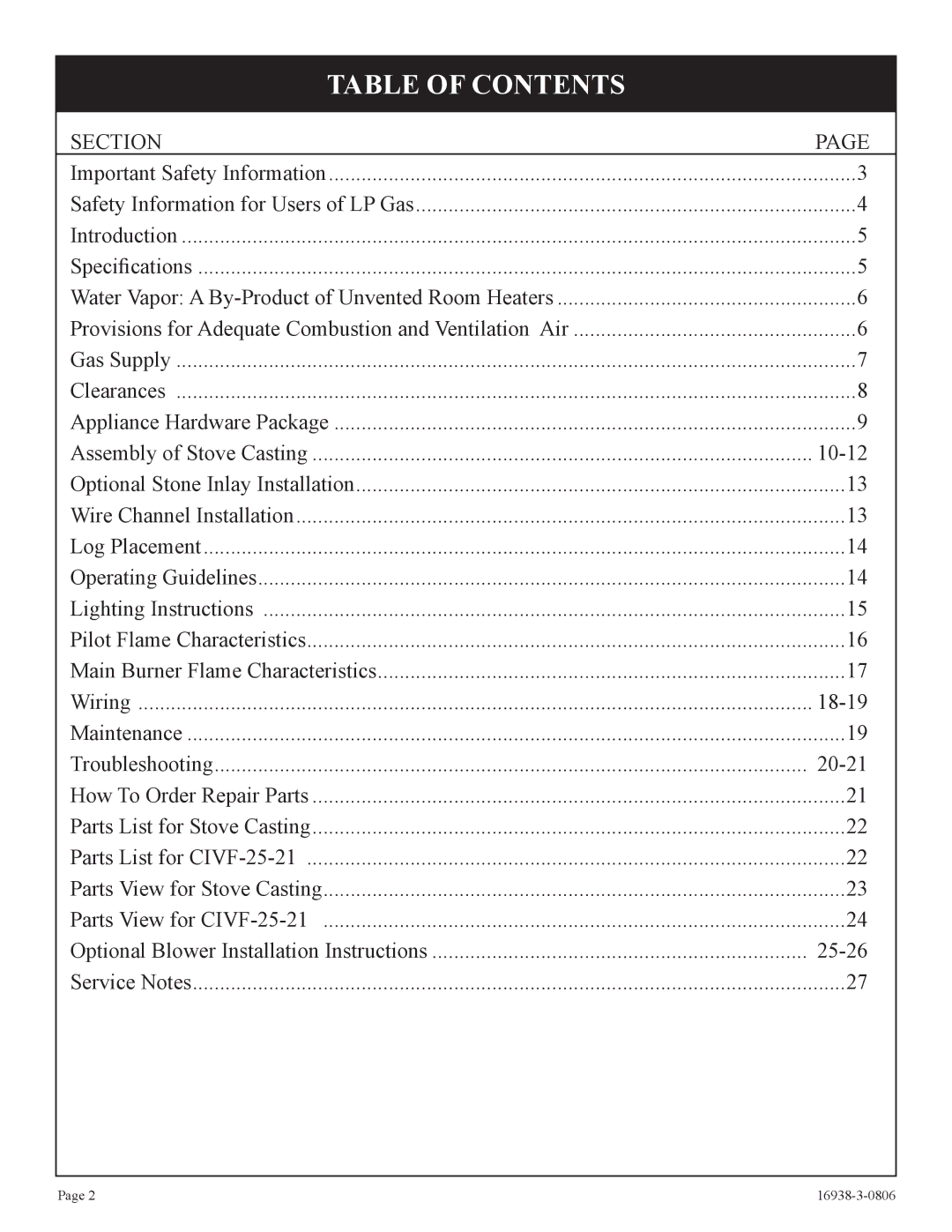 Empire Comfort Systems CIVF-25-21 installation instructions Table of Contents 