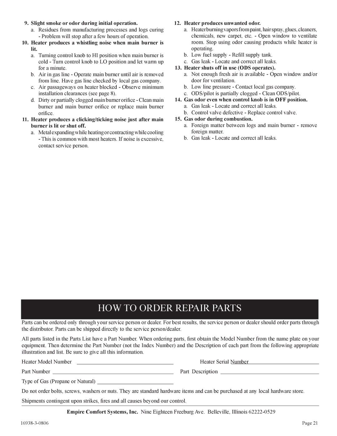 Empire Comfort Systems CIVF-25-21 installation instructions HOW to Order Repair Parts 