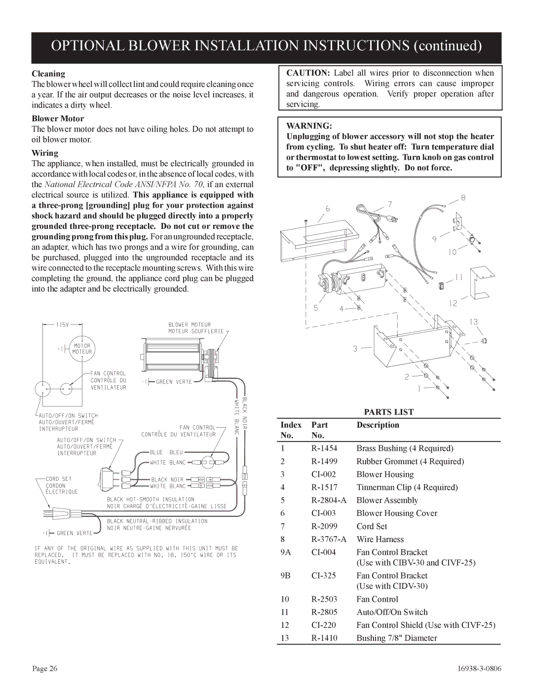 Empire Comfort Systems CIVF-25-21 installation instructions Cleaning, Blower Motor, Wiring, Index Part Description 