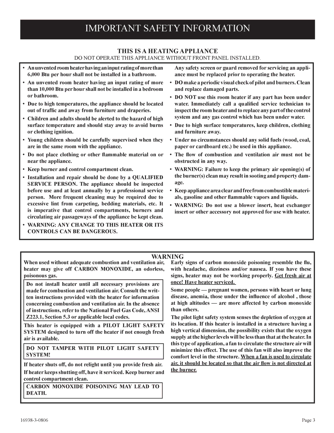 Empire Comfort Systems CIVF-25-21 installation instructions Important Safety Information 