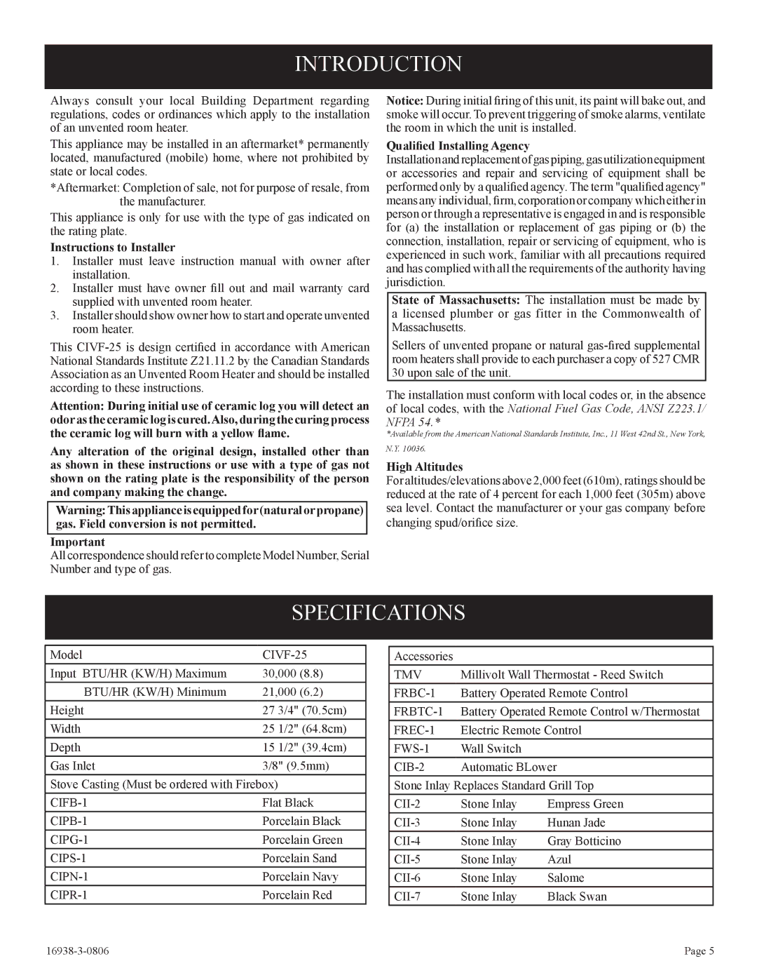 Empire Comfort Systems CIVF-25-21 Introduction, Specifications, Instructions to Installer, Qualiﬁed Installing Agency 