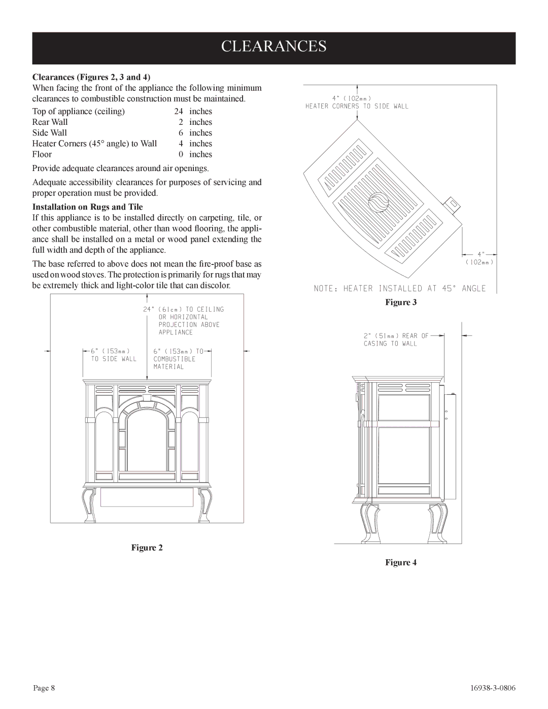 Empire Comfort Systems CIVF-25-21 installation instructions Clearances Figures 2, 3, Installation on Rugs and Tile 