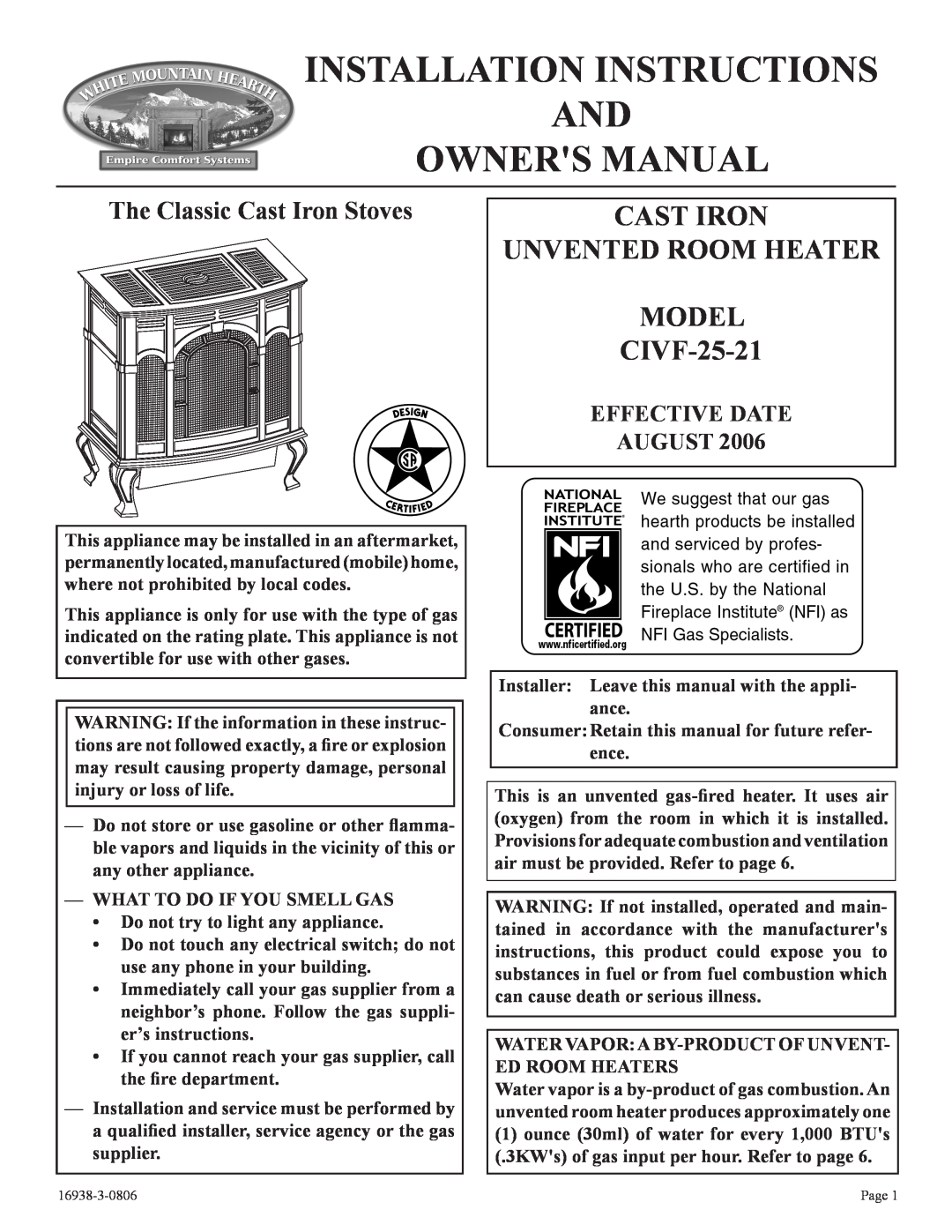 Empire Comfort Systems CIVF-25-21 installation instructions Effective Date August, The Classic Cast Iron Stoves 