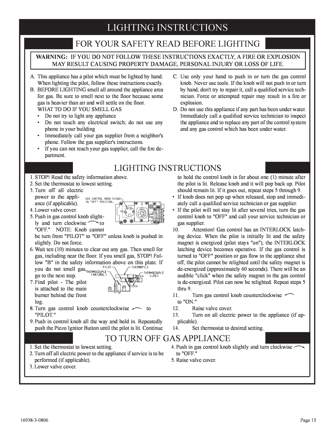 Empire Comfort Systems CIVF-25-21 Lighting Instructions, For Your Safety Read Before Lighting, To Turn Off Gas Appliance 
