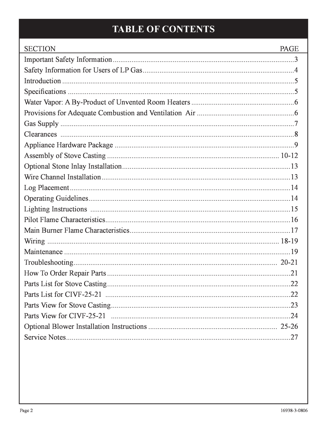 Empire Comfort Systems CIVF-25-21 installation instructions Table Of Contents 