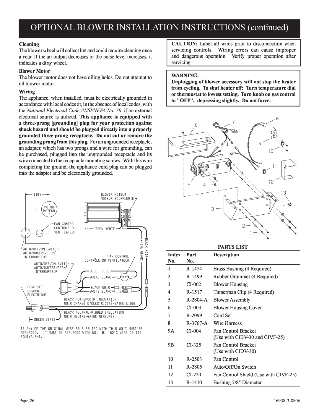 Empire Comfort Systems CIVF-25-21 installation instructions Cleaning, Blower Motor, Wiring, Parts List, Index, Description 