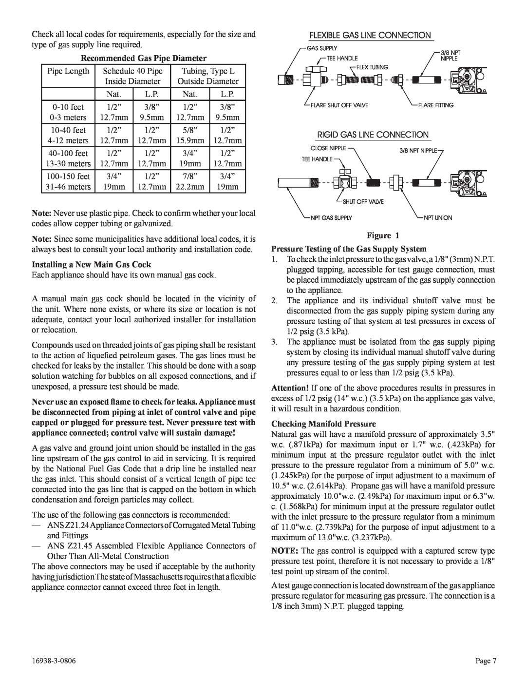 Empire Comfort Systems CIVF-25-21 installation instructions Recommended Gas Pipe Diameter, Installing a New Main Gas Cock 