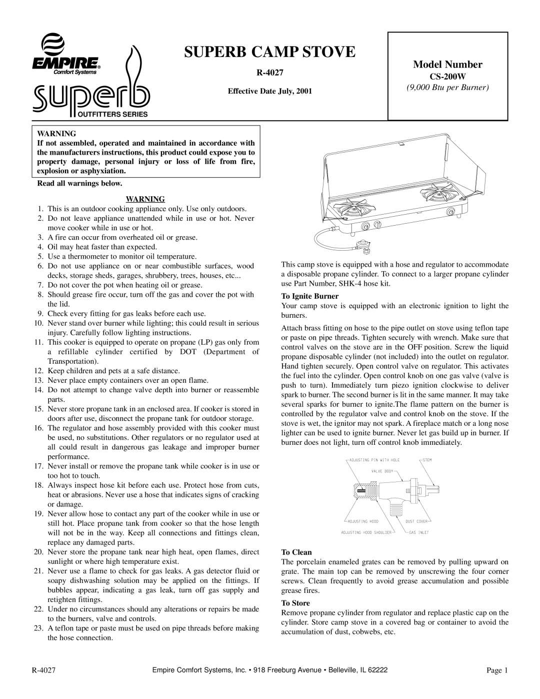 Empire Comfort Systems CS200W manual Effective Date July, Model Number, To Ignite Burner, To Clean, To Store 