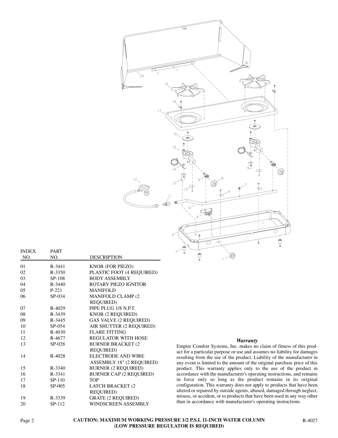 Empire Comfort Systems CS200W Index Part Description, Plastic Foot 4 Required, Rotary Piezo Ignitor, Manifold, Assembly 