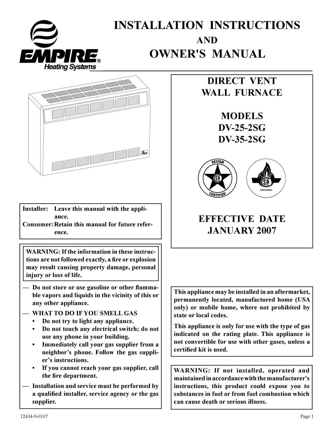 Empire Comfort Systems DV-35-2SG installation instructions Installation Instructions 