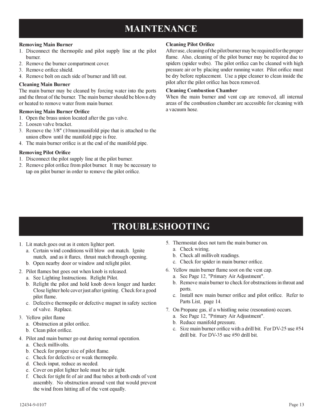 Empire Comfort Systems DV-35-2SG installation instructions Maintenance, Troubleshooting 