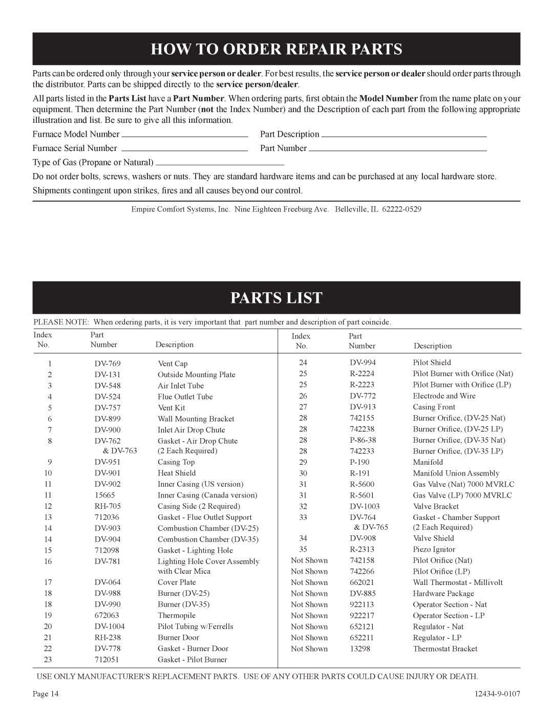 Empire Comfort Systems DV-35-2SG installation instructions HOW to Order Repair Parts, Parts List 