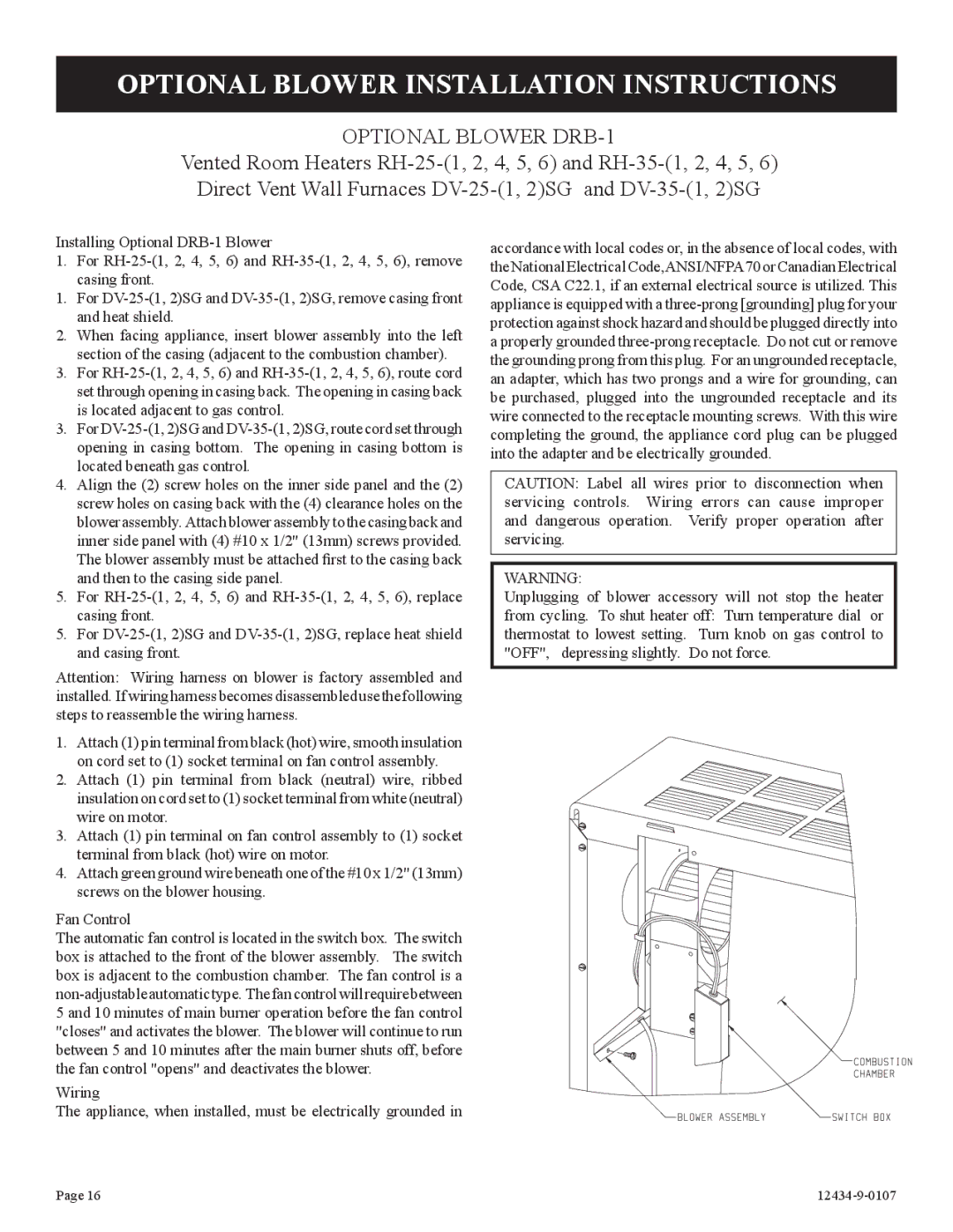 Empire Comfort Systems DV-35-2SG installation instructions Optional Blower Installation Instructions, Optional Blower DRB-1 