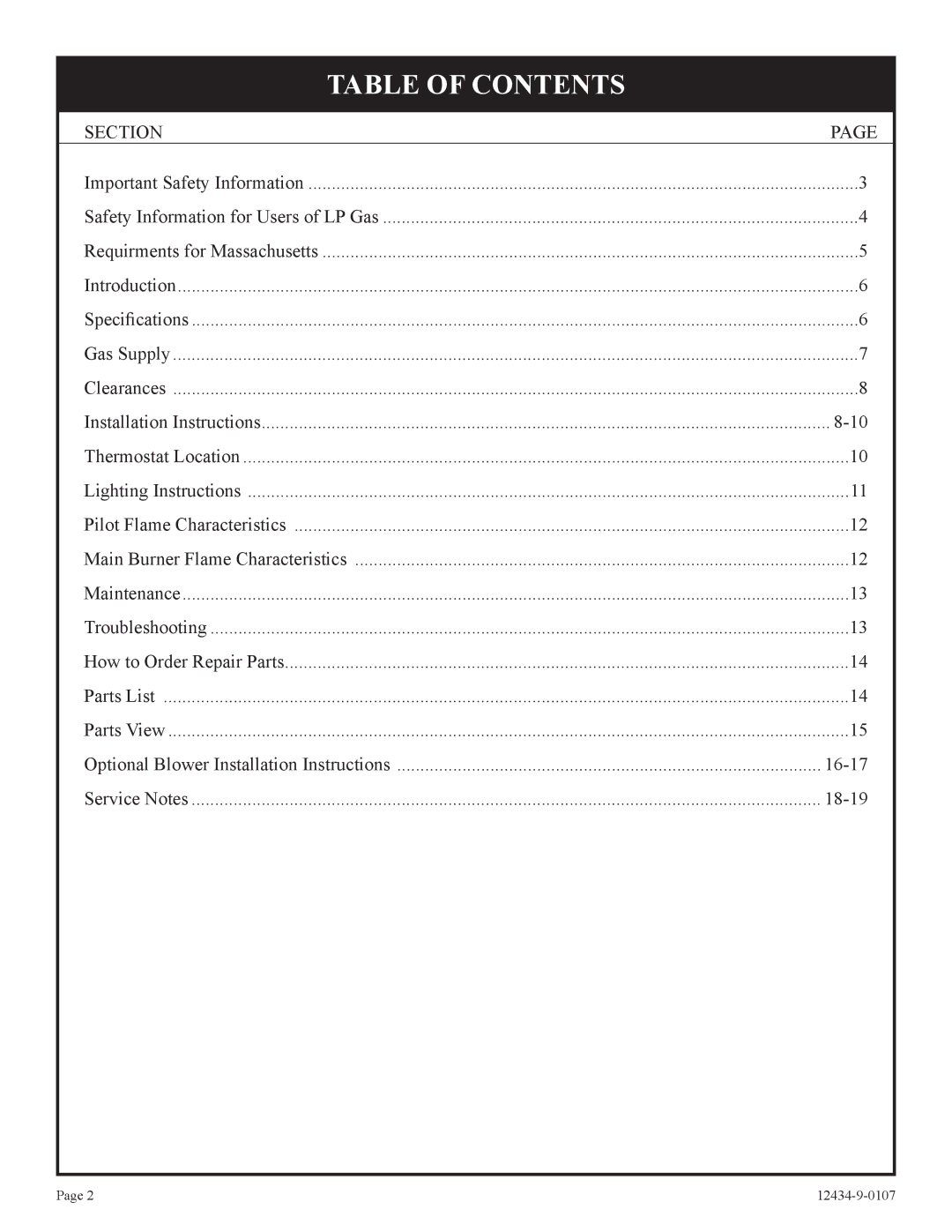 Empire Comfort Systems DV-35-2SG installation instructions Table of Contents 