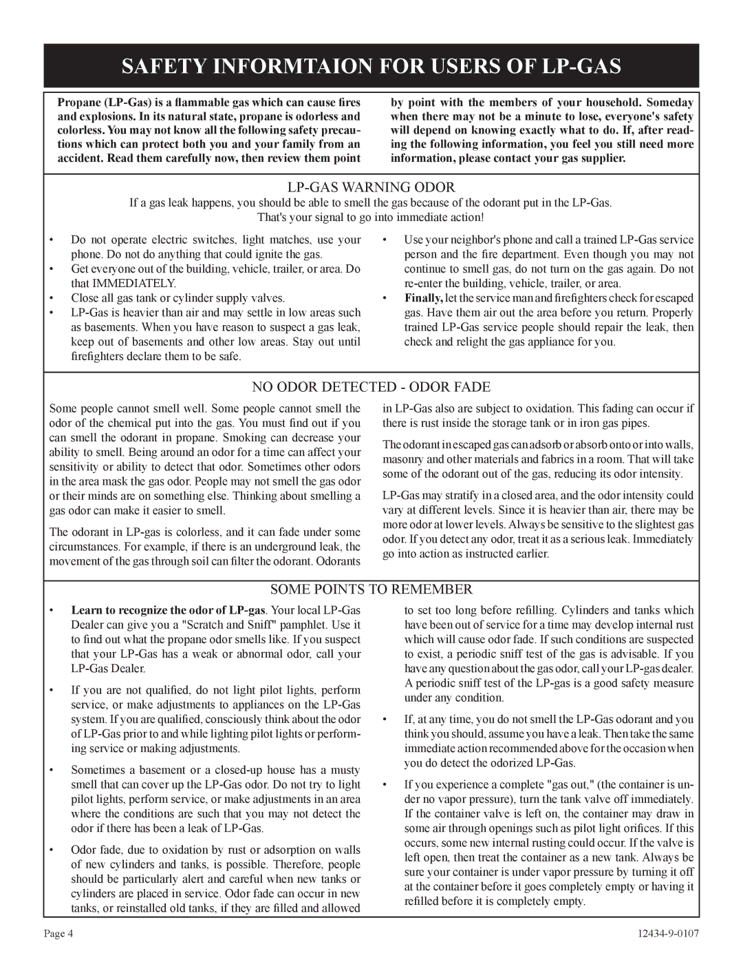 Empire Comfort Systems DV-35-2SG installation instructions Safety Informtaion for Users of LP-GAS 