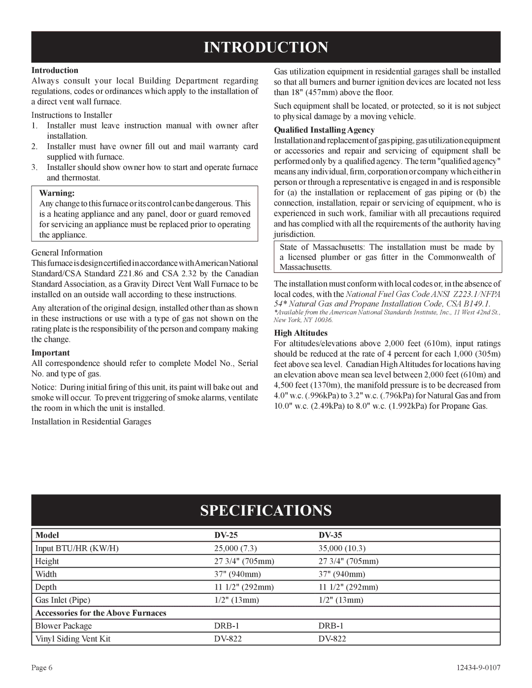 Empire Comfort Systems DV-35-2SG installation instructions Introduction, Specifications 