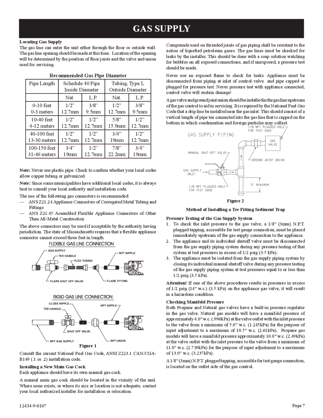 Empire Comfort Systems DV-35-2SG installation instructions GAS Supply, Recommended Gas Pipe Diameter 