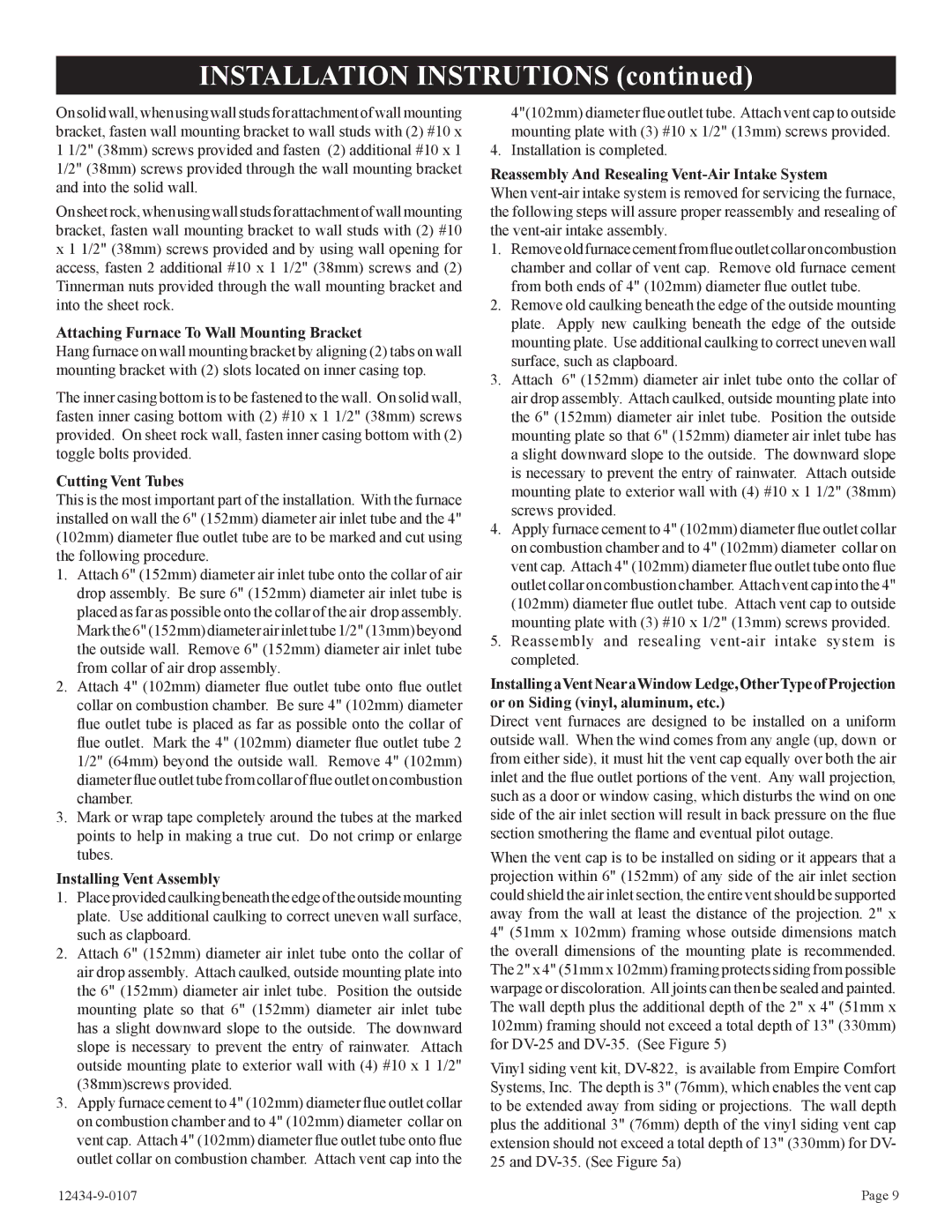 Empire Comfort Systems DV-35-2SG Attaching Furnace To Wall Mounting Bracket, Cutting Vent Tubes, Installing Vent Assembly 