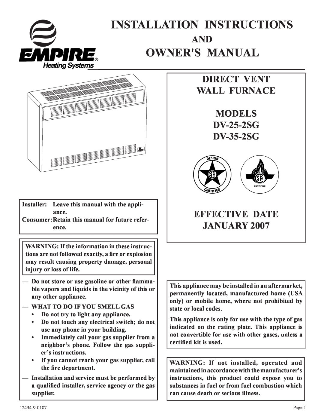 Empire Comfort Systems DV-35-2SG installation instructions Installation Instructions, Effective Date, January 