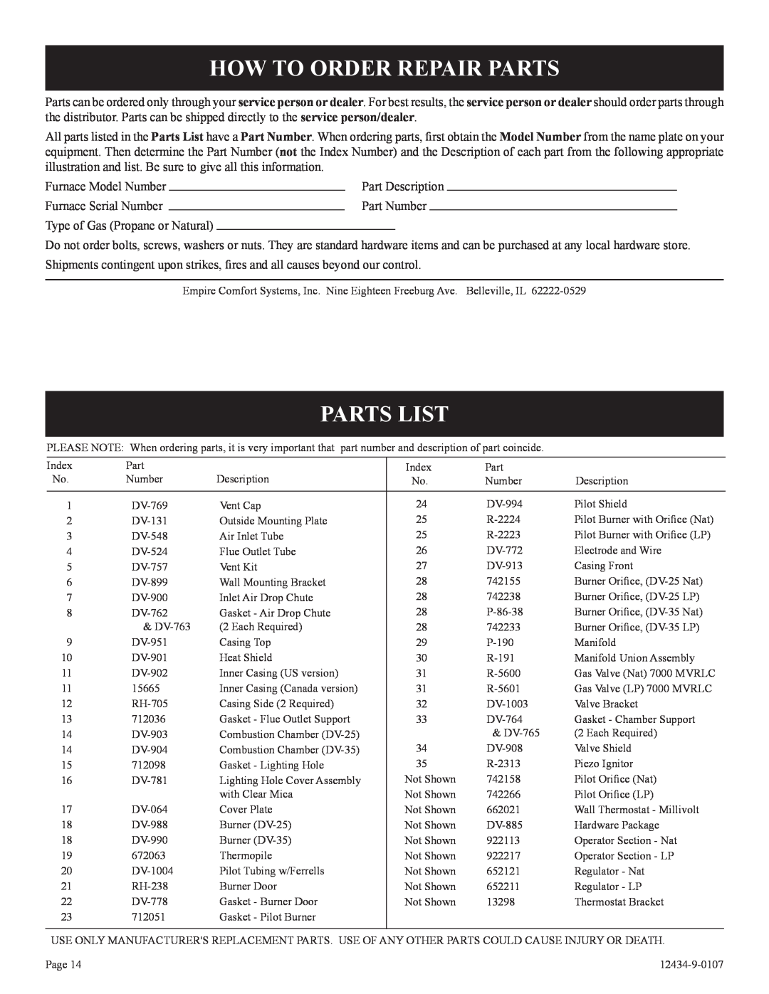Empire Comfort Systems DV-35-2SG installation instructions How To Order Repair Parts, Parts List 