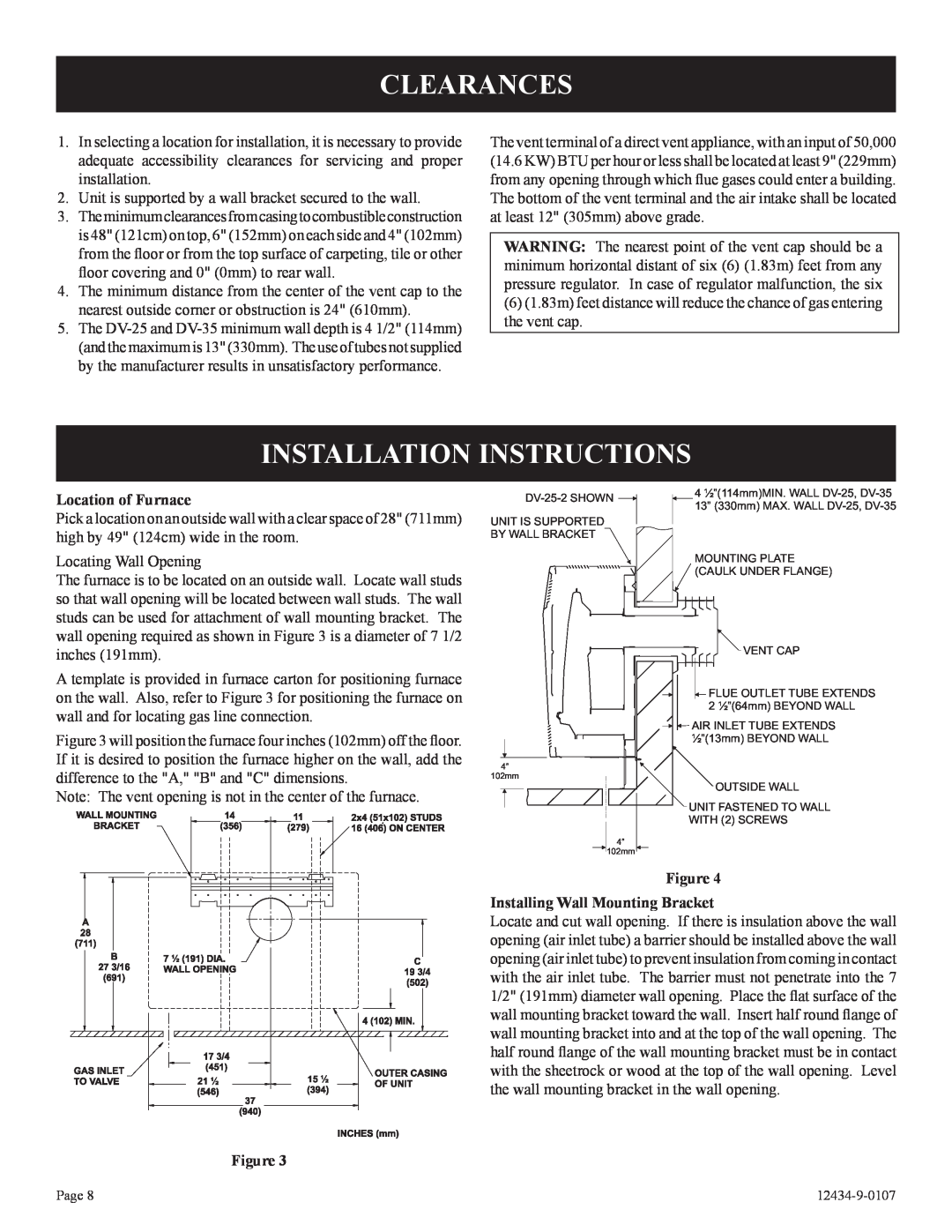 Empire Comfort Systems DV-35-2SG installation instructions Clearances, Installation Instructions, Location of Furnace 