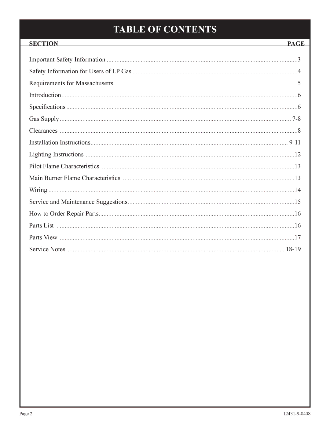 Empire Comfort Systems DV-55SPP installation instructions Table of Contents 