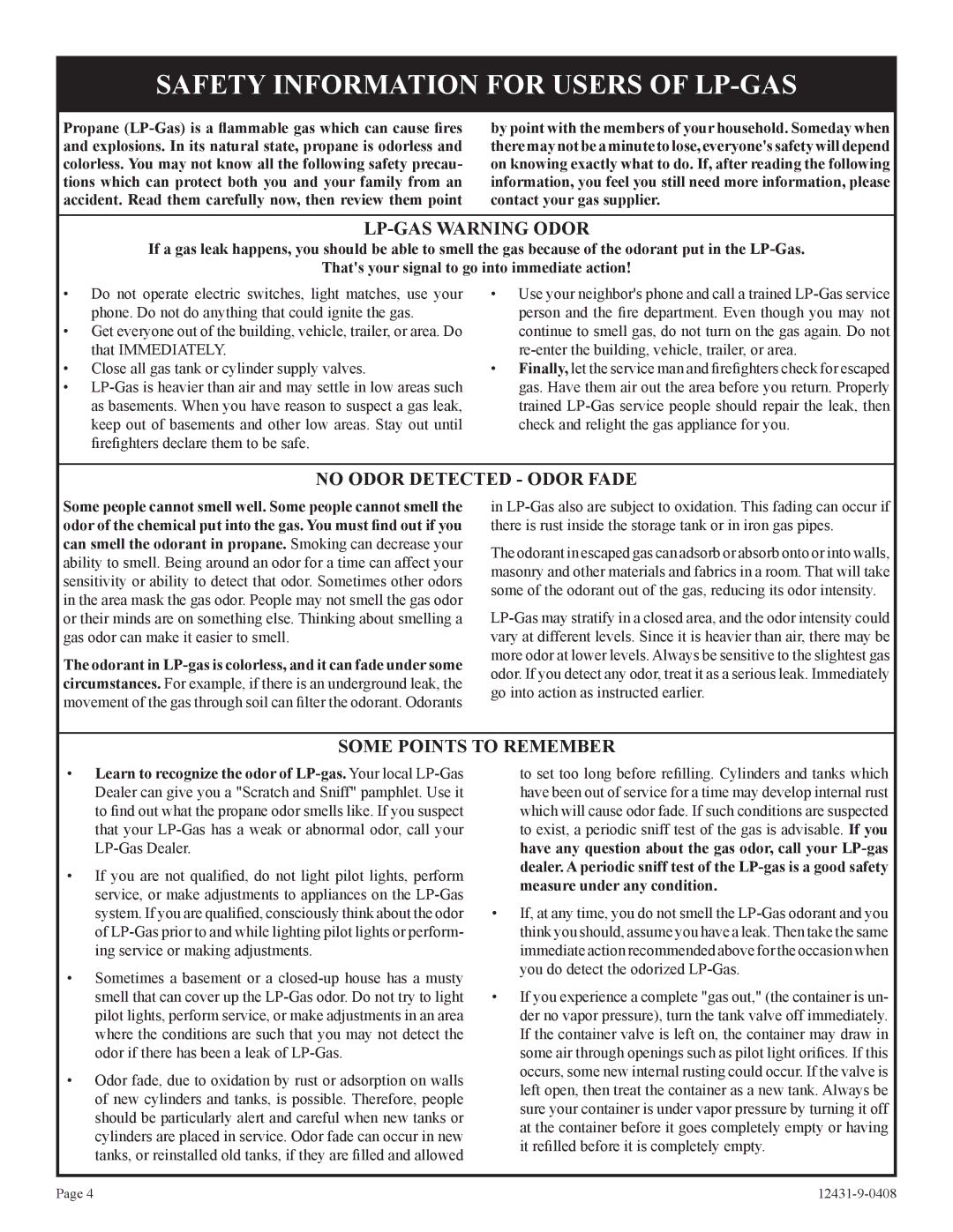 Empire Comfort Systems DV-55SPP installation instructions Safety Information for Users of LP-GAS, LP-GAS Warning Odor 