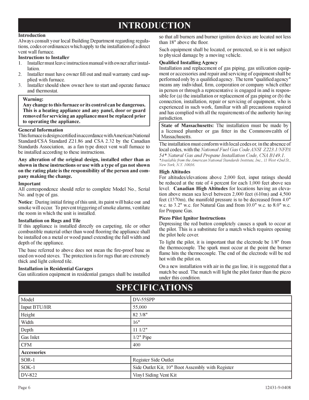 Empire Comfort Systems DV-55SPP installation instructions Introduction, Specifications 