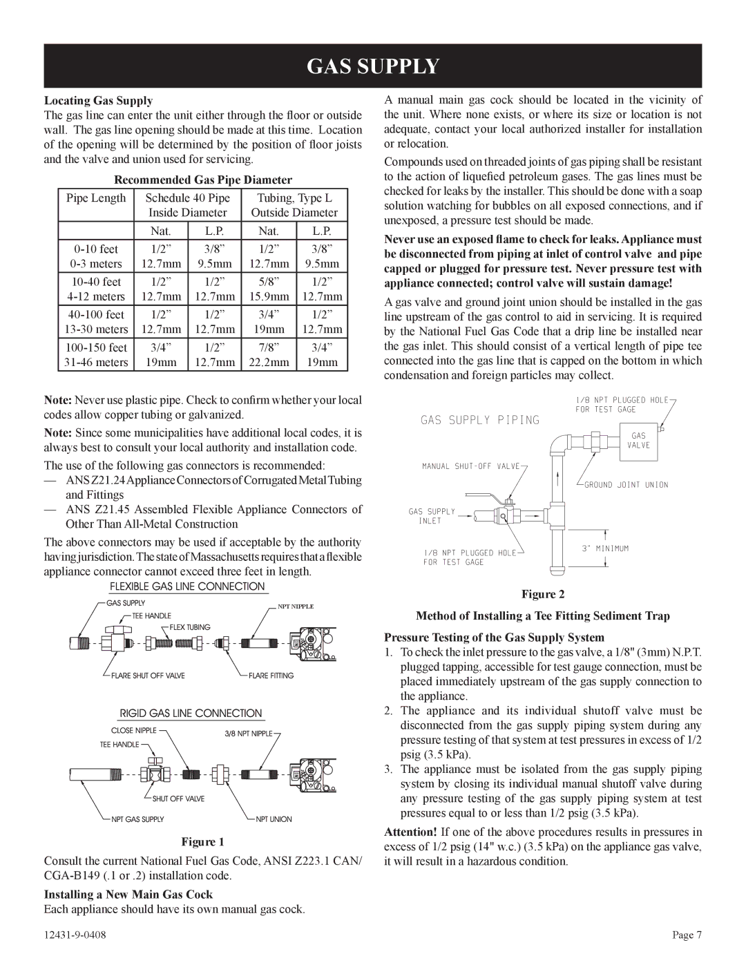 Empire Comfort Systems DV-55SPP installation instructions GAS Supply, Locating Gas Supply, Recommended Gas Pipe Diameter 