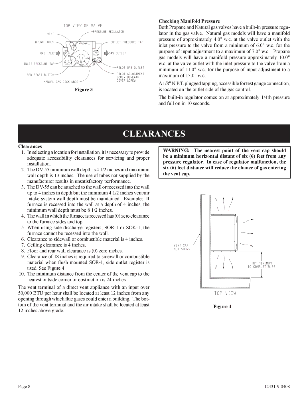 Empire Comfort Systems DV-55SPP Clearances, Checking Manifold Pressure, Is located on the outlet side of the gas control 