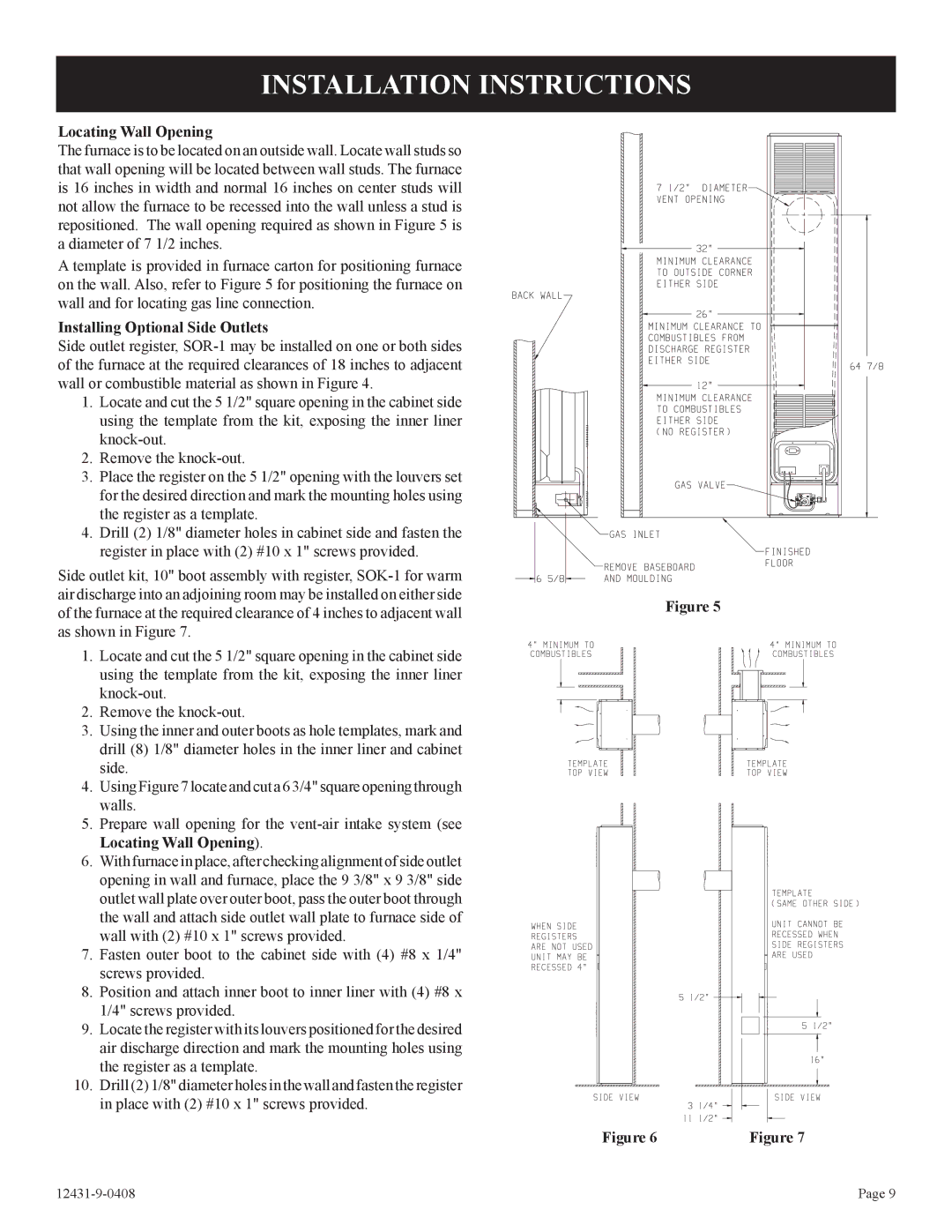 Empire Comfort Systems DV-55SPP Installation Instructions, Locating Wall Opening, Installing Optional Side Outlets 