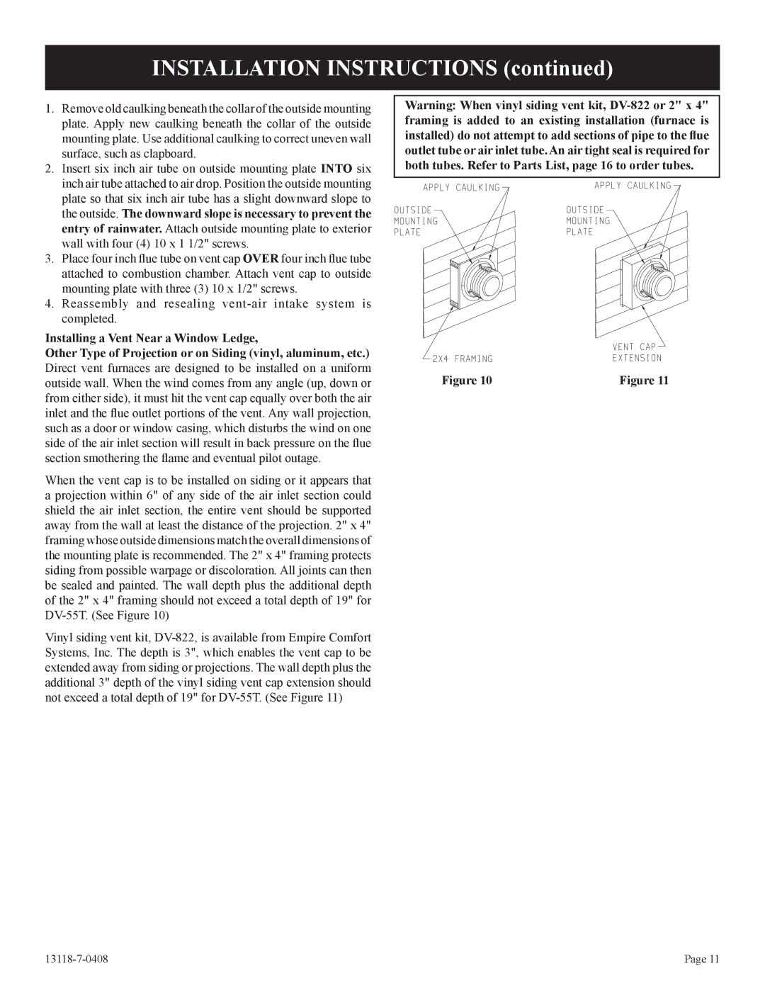 Empire Comfort Systems DV-55T-1 installation instructions Installation Instructions 