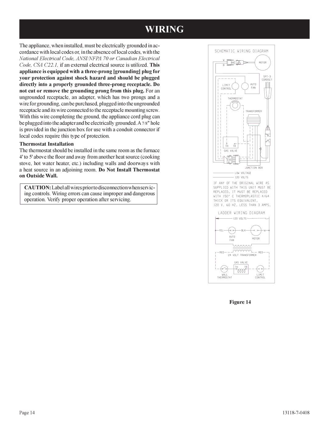 Empire Comfort Systems DV-55T-1 installation instructions Wiring, Thermostat Installation 