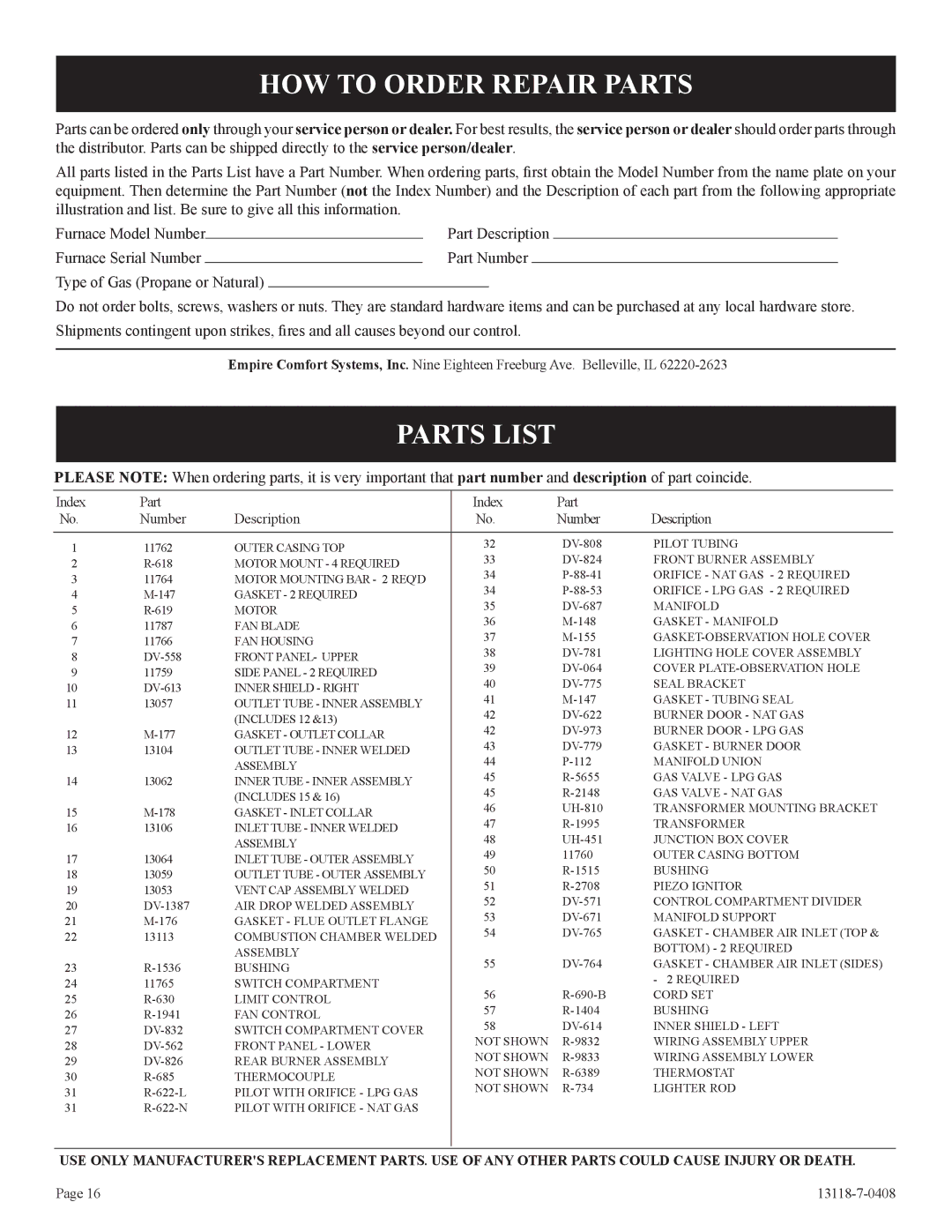 Empire Comfort Systems DV-55T-1 installation instructions HOW to Order Repair Parts, Parts List 