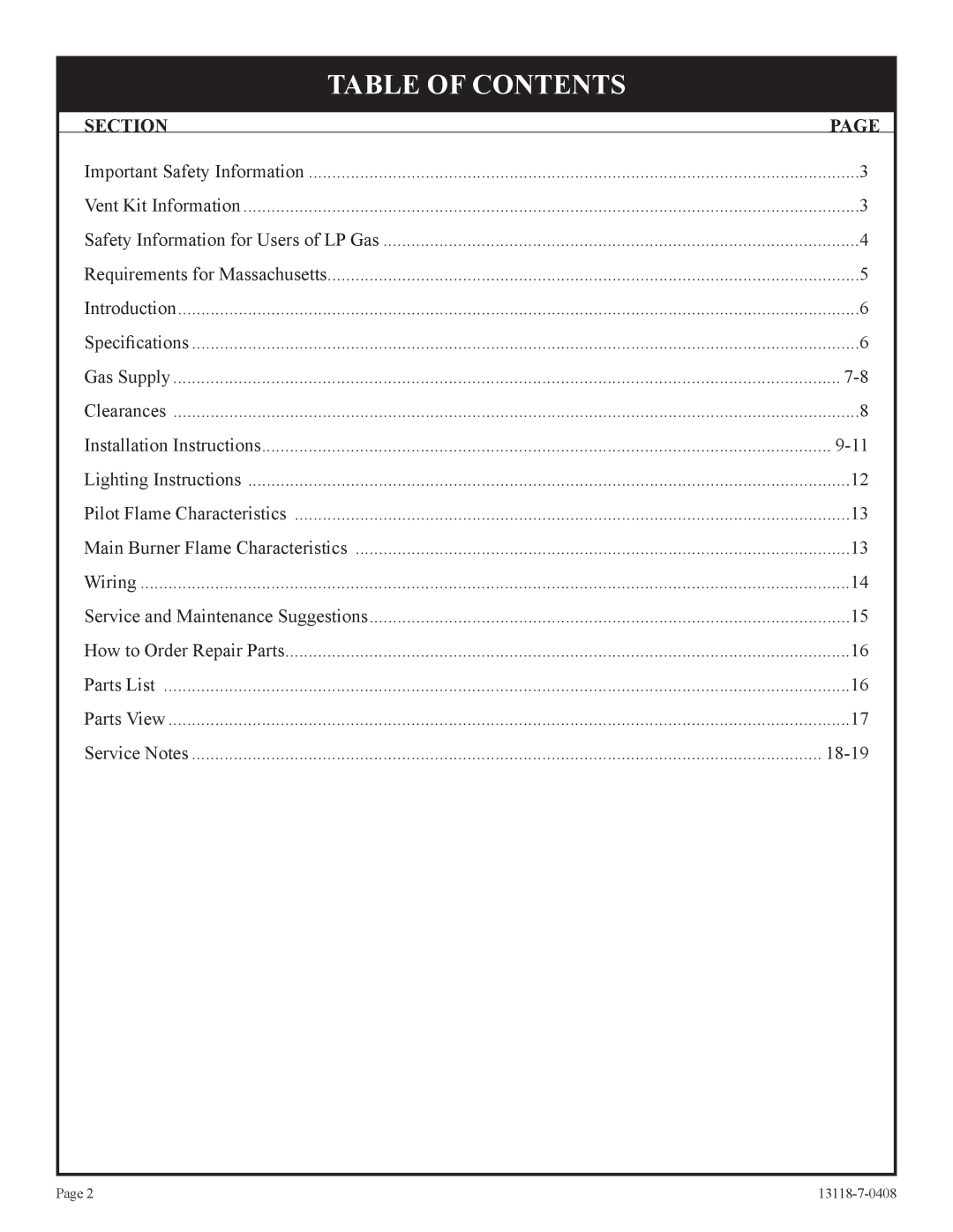 Empire Comfort Systems DV-55T-1 installation instructions Table of Contents 