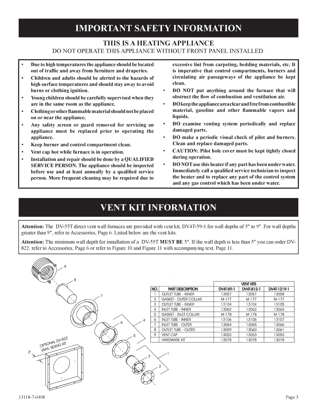 Empire Comfort Systems DV-55T-1 installation instructions Important Safety Information, Vent KIT Information 