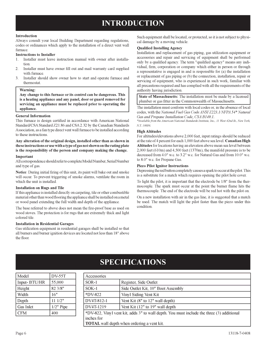 Empire Comfort Systems DV-55T-1 installation instructions Introduction, Specifications 