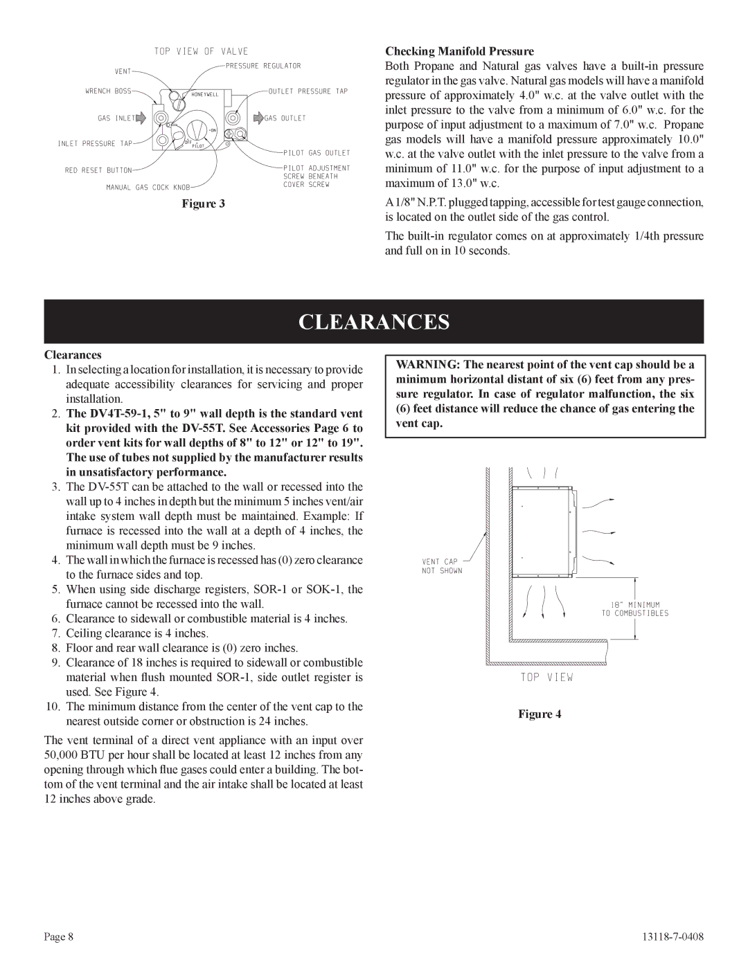 Empire Comfort Systems DV-55T-1 installation instructions Clearances, Checking Manifold Pressure 