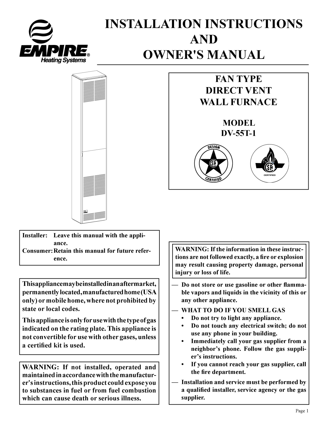 Empire Comfort Systems installation instructions Fan Type Direct Vent Wall Furnace, MODEL DV-55T-1 