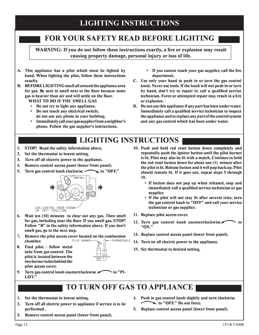 Empire Comfort Systems DV-55T-1 Lighting Instructions, For Your Safety Read Before Lighting, To Turn Off Gas To Appliance 