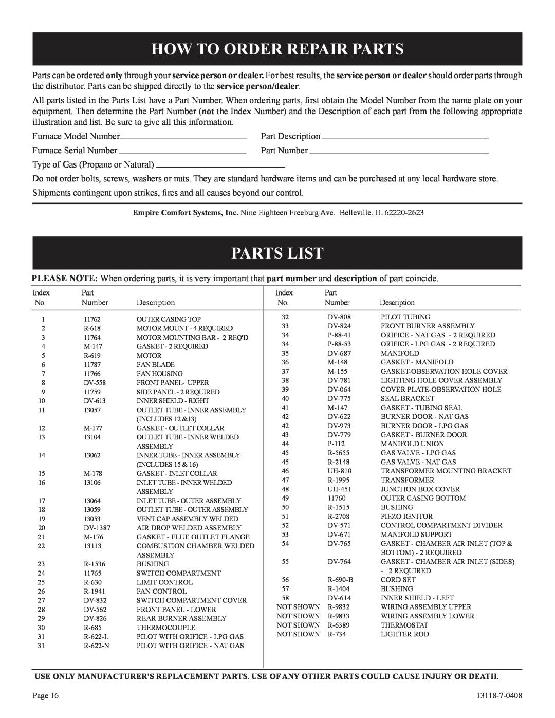 Empire Comfort Systems DV-55T-1 installation instructions How To Order Repair Parts, Parts List 