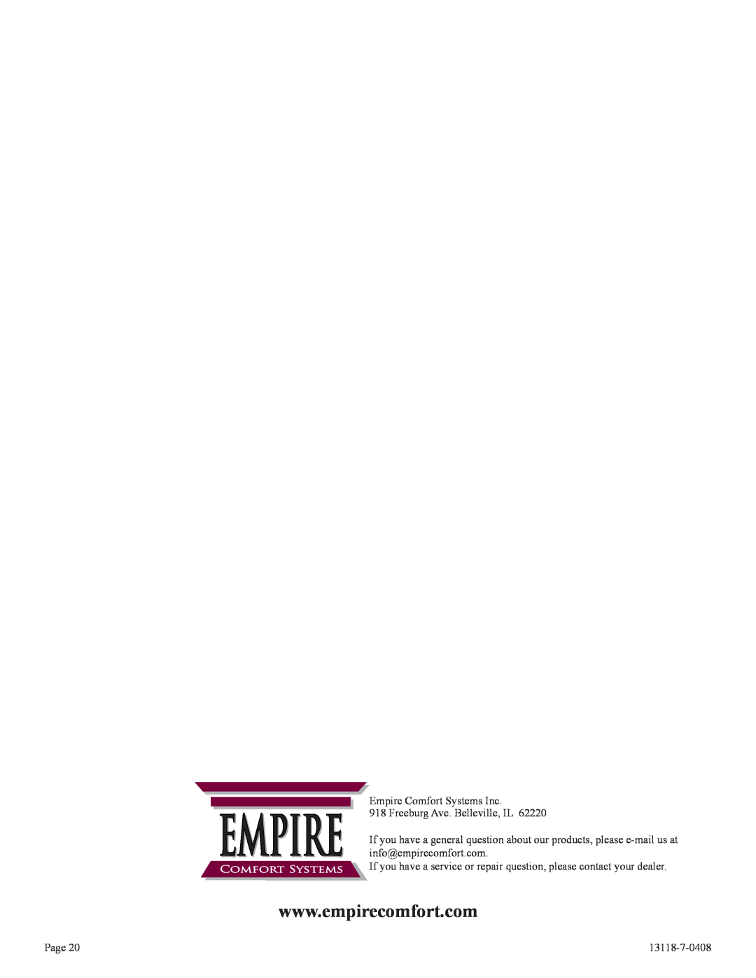 Empire Comfort Systems DV-55T-1 Empire Comfort Systems Inc, EMPIRE 918 Freeburg Ave. Belleville, IL, Page, 13118-7-0408 