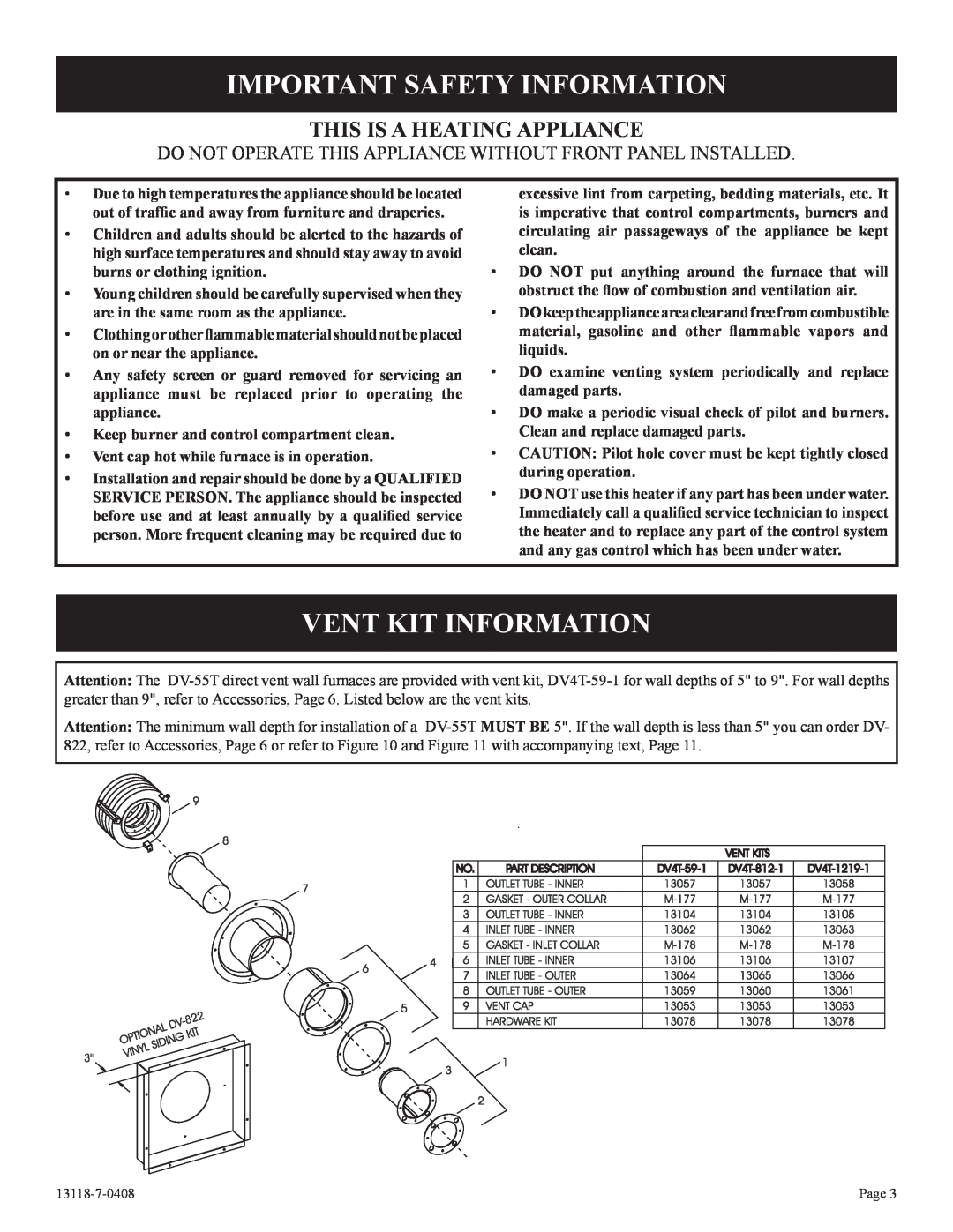 Empire Comfort Systems DV-55T-1 Important Safety Information, Vent Kit Information, This Is A Heating Appliance 