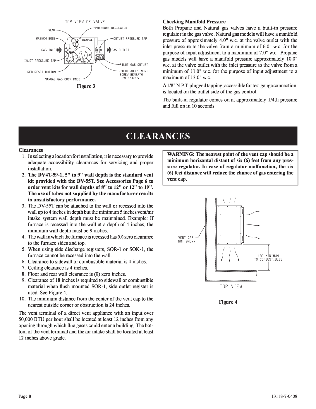Empire Comfort Systems DV-55T-1 installation instructions Clearances, Checking Manifold Pressure, Figure 
