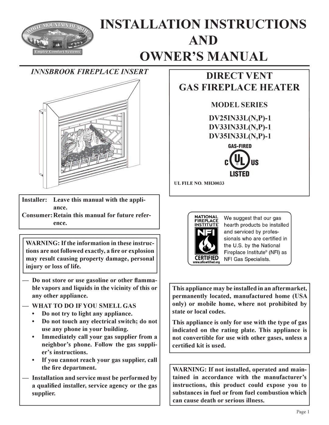 Empire Comfort Systems DV33IN33L, DV25IN33L, DV35IN33L installation instructions Installation Instructions 