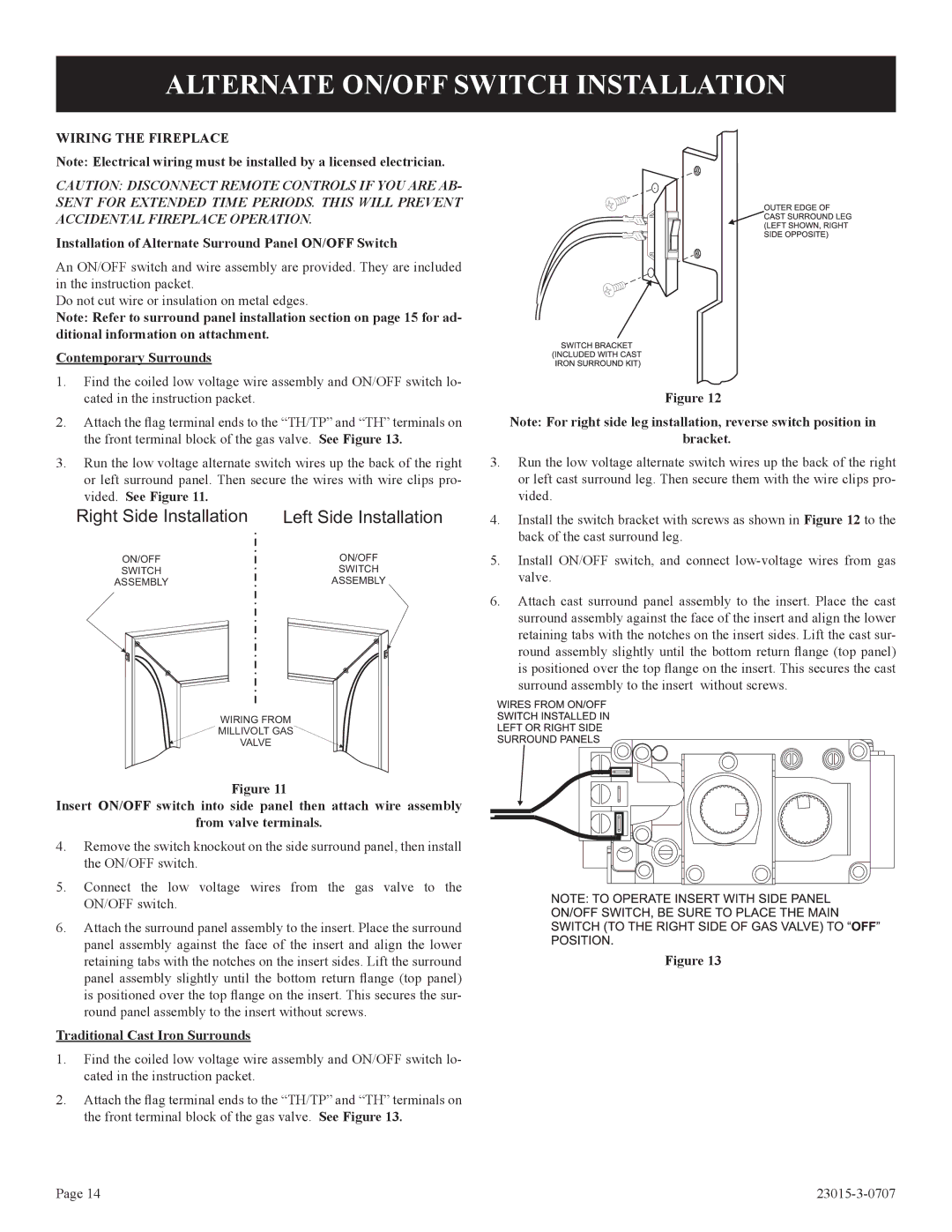 Empire Comfort Systems DV35IN33L, DV25IN33L, DV33IN33L Alternate ON/OFF Switch Installation, Wiring the Fireplace 