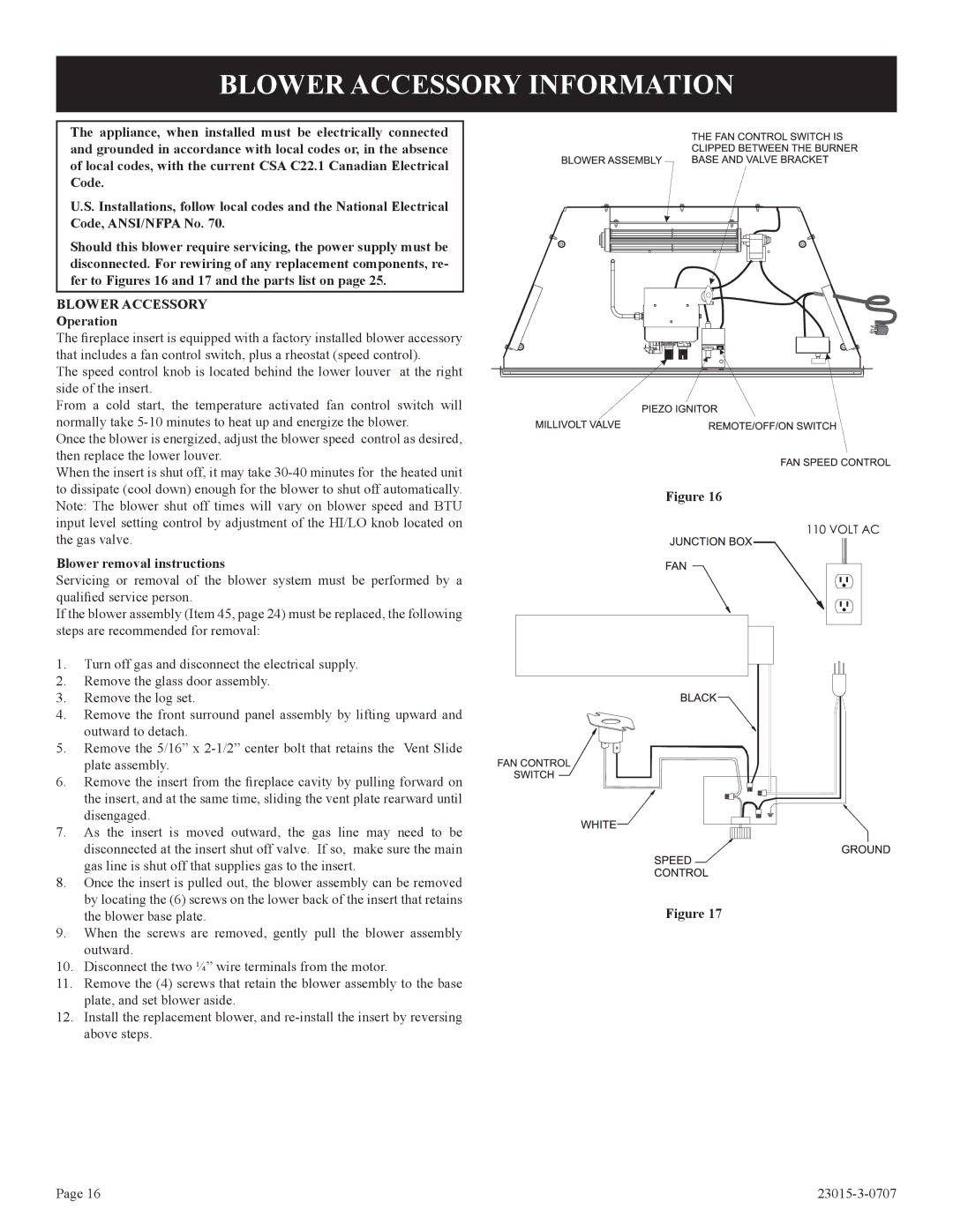 Empire Comfort Systems DV33IN33L, DV25IN33L, DV35IN33L installation instructions Blower Accessory Information 