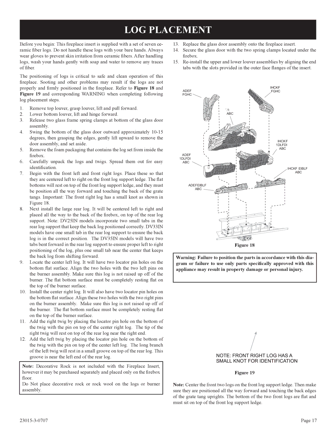 Empire Comfort Systems DV35IN33L, DV25IN33L, DV33IN33L installation instructions LOG Placement 